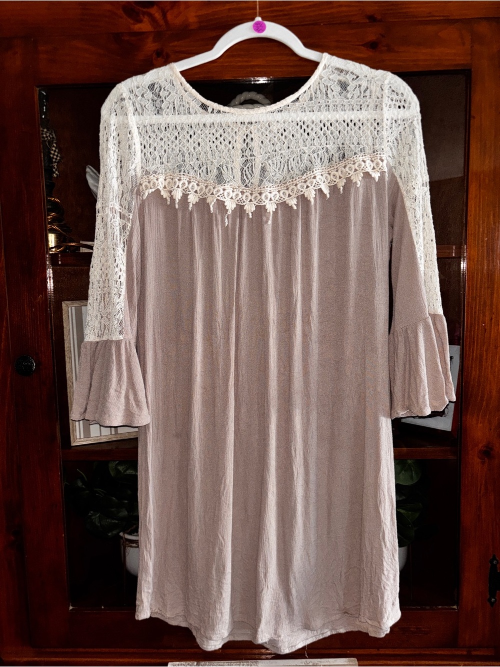 Umgee Medium Taupe Swing Dress with White Lace Yoke bell sleeves